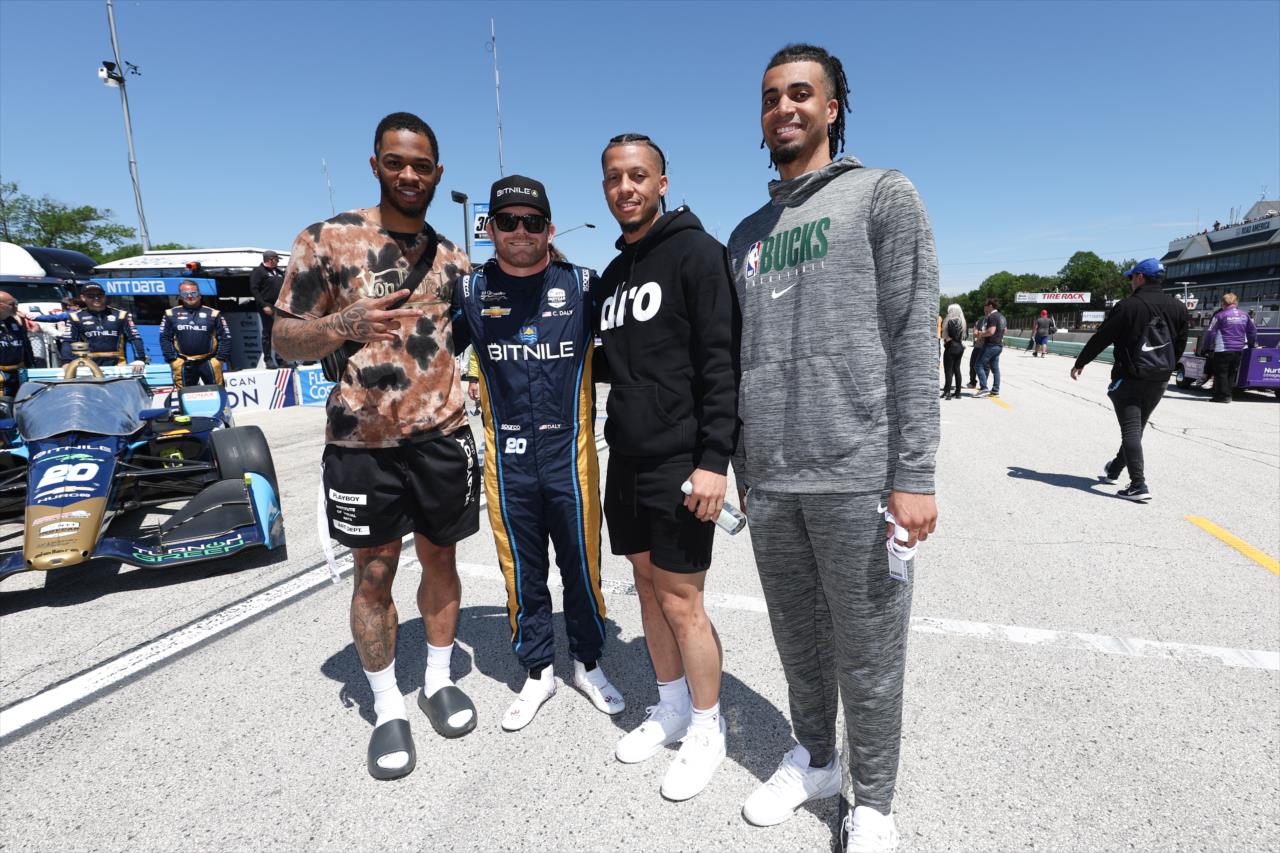 Conor Daly with Milwaukee Buck players Lindell Wigginton, Rayjon Tucker and Jordan Nwora - Sonsio Grand Prix at Road America - By: Chris Owens -- Photo by: Chris Owens